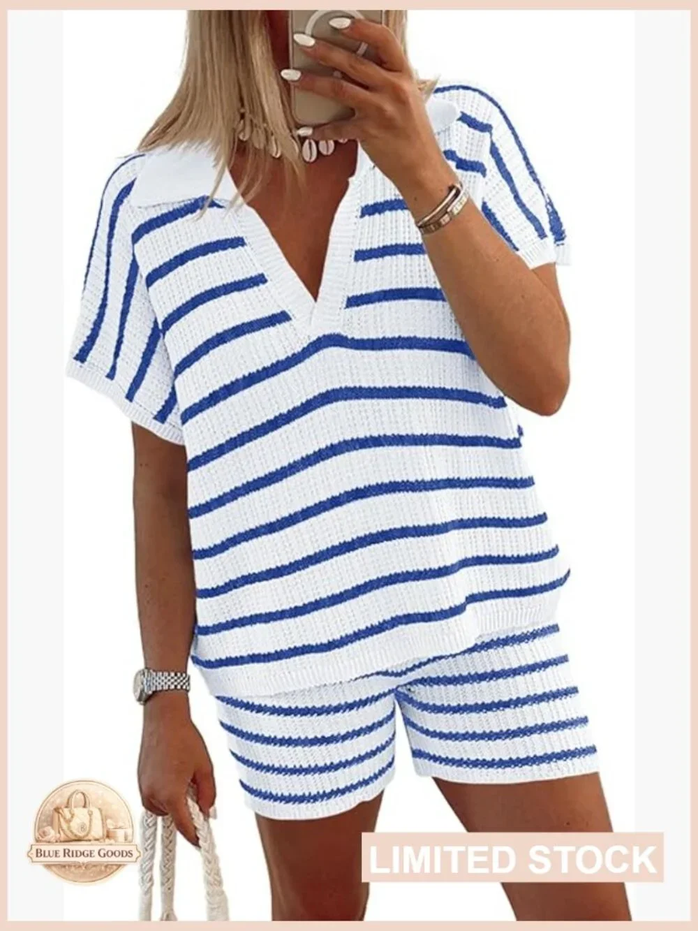Striped Knit Short Sleeve V-Neck Top and Shorts Matching Lounge Set